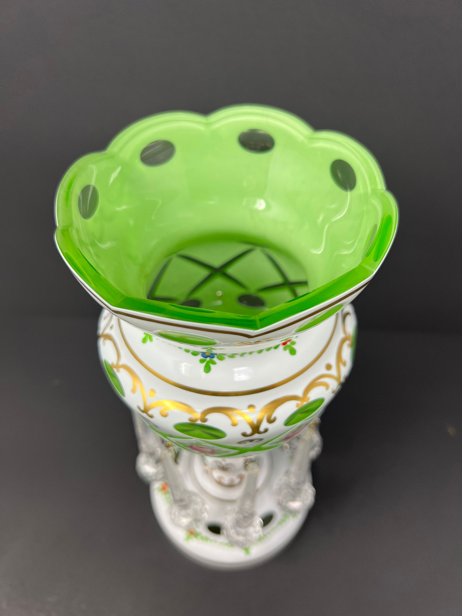 Vintage Bohemian Czech Green Overlay Luster Vase With Crystal Prisms, Hand-Painted Roses, Hollywood - 6