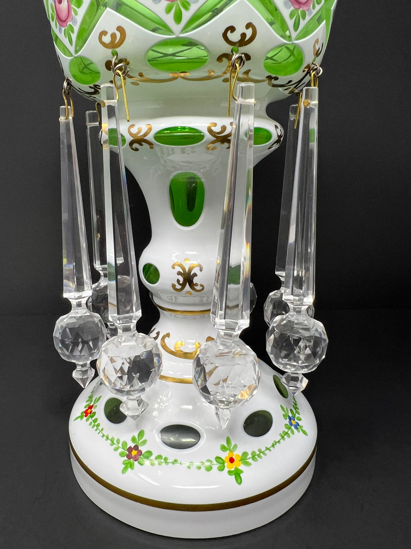 Vintage Bohemian Czech Green Overlay Luster Vase With Crystal Prisms, Hand-Painted Roses, Hollywood - 7