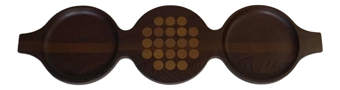 Circa 1965 Skjode Skjern Danmark Triple Gourd Serving Tray: Rare, mid-century modern gorgeous, impressive scale 36" long "Triple Gourd" serving tray in wenge and oak by Skjode Skjern, Danmark. Polka dotted cutting board with beech or oak inlaid in center.