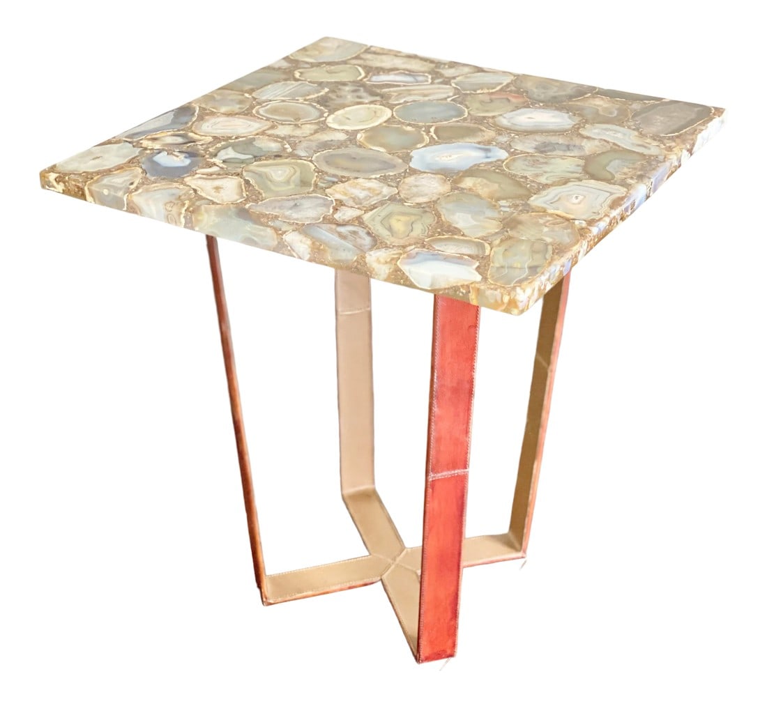 Made Goods Geode Cluster Druzy Side Table: Incredible, unique, one of a kind side table. Features a stunning, extremely heavy stone top crafted of sliced agate geodes with large crystal druzy. Natural crystal with tones of blue, gold, white,