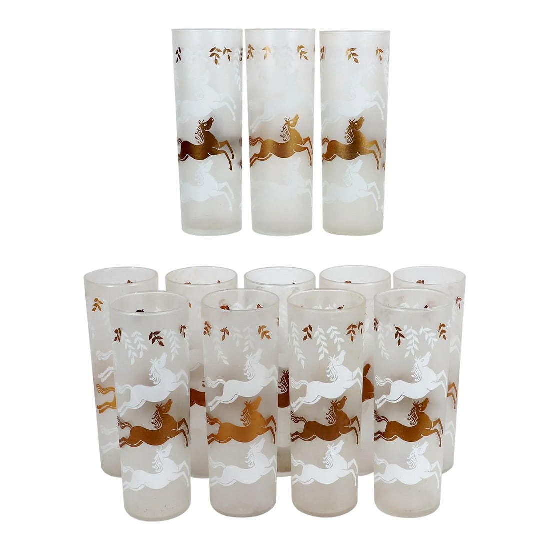 Libbey Cavalcade Galloping Horse Tom Collins Cocktail Glasses- Mid-Century Modern Glasses- Set of Tw: Libbey Cavalcade Galloping Horse Tom Collins Cocktail Glasses Mid-Century Modern Glasses- Set of Twelve, The 1950s Twelve (12) Libbey Tom Collins or Highball frosted glasses decorated on both sides