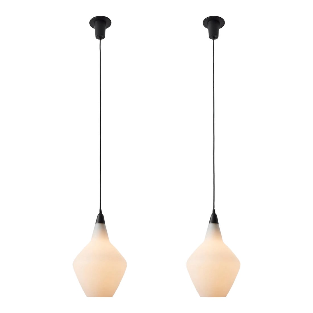 1950s Lisa Johansson-Pape Glass & Metal Ceiling Lamps - a Pair: Pair of 1950s Lisa Johansson-Pape glass & metal ceiling lamps. Executed in blown opaline glass and black painted metal. Manufactured by Stockmann Orno, Finland. A contemporary of Paavo Tynell, the ref