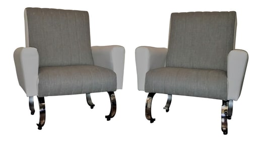 Mid-Century Exclusive Italian Armchairs With Curved Metal Base - a Pair