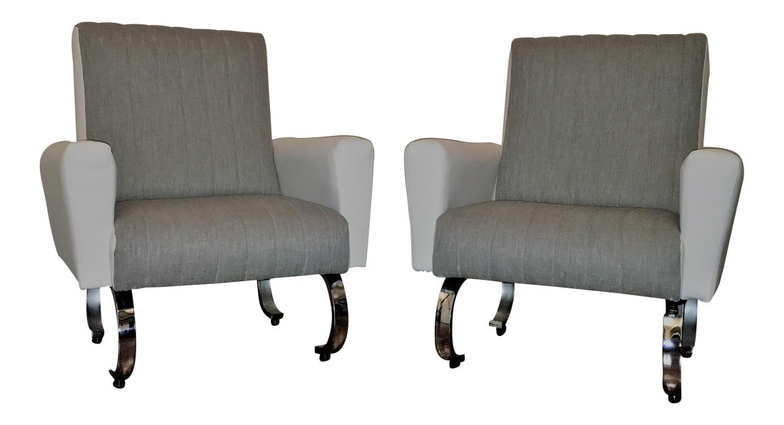 Mid-Century Exclusive Italian Armchairs With Curved Metal Base - a Pair: Mid Century Exclusive Pair of Sleek Italian Armchairs with curved metal base Mid Century Modern Exclusive Pair of Sleek Italian Armchairs with metal base Pair of wildly stylish Mid-Century tall back