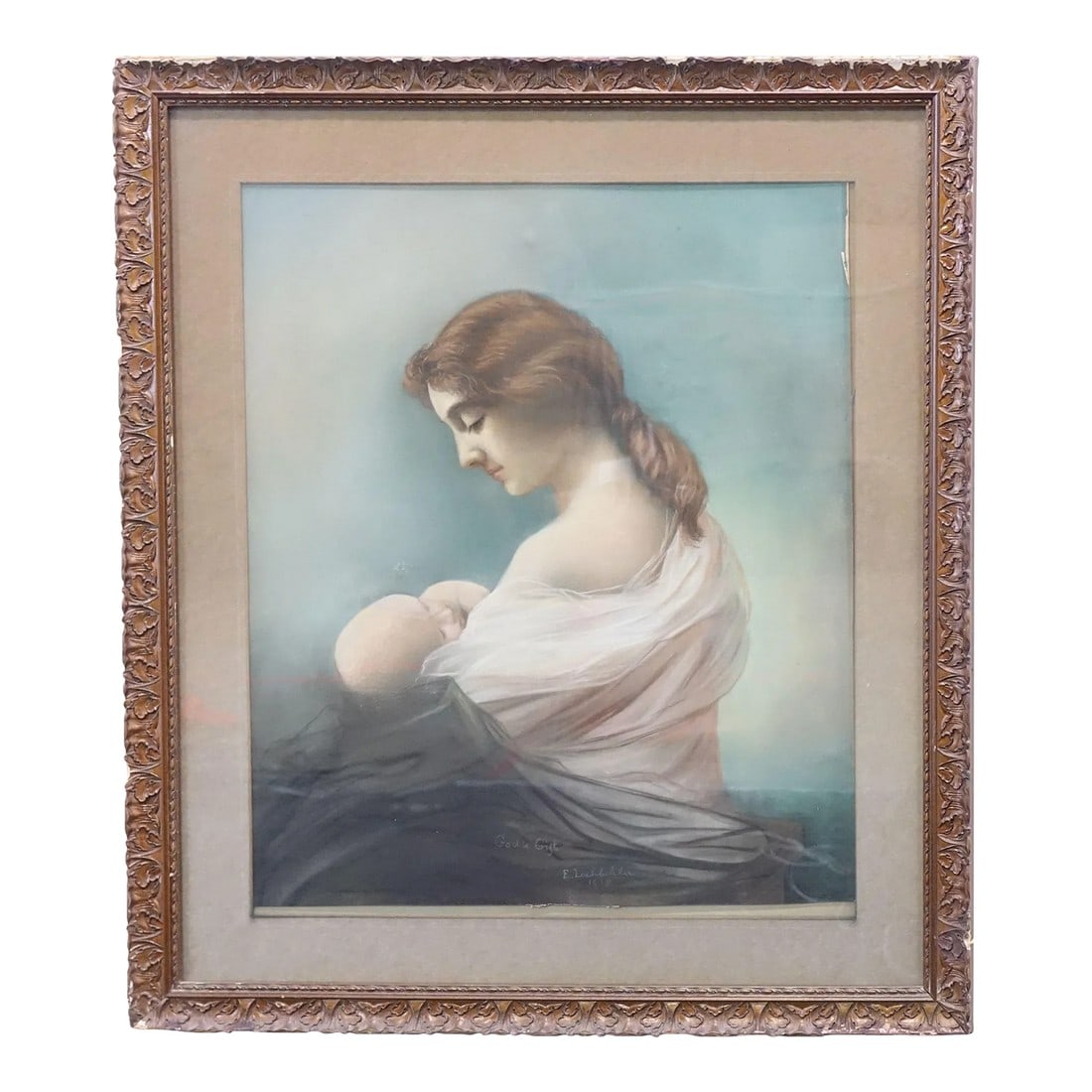 1915 "Gods Gift" Figurative Watercolor Painting Signed by E. Lochlilar, Framed: Gods Gift Watercolor 1915. Masterpiece Signed by E. Lochlilar Condition: Alterations: Original Condition Unaltered Imperfections: Some Imperfections Condition Notes: Great Condition - Areas on the