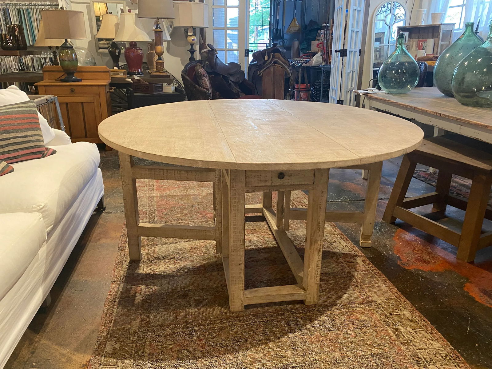 Vintage 60" Dovetail White Washed Rustic Drop Leaf Dining Table - 11