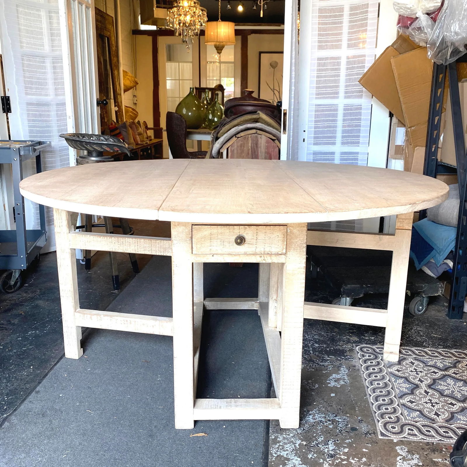 Vintage 60" Dovetail White Washed Rustic Drop Leaf Dining Table - 13