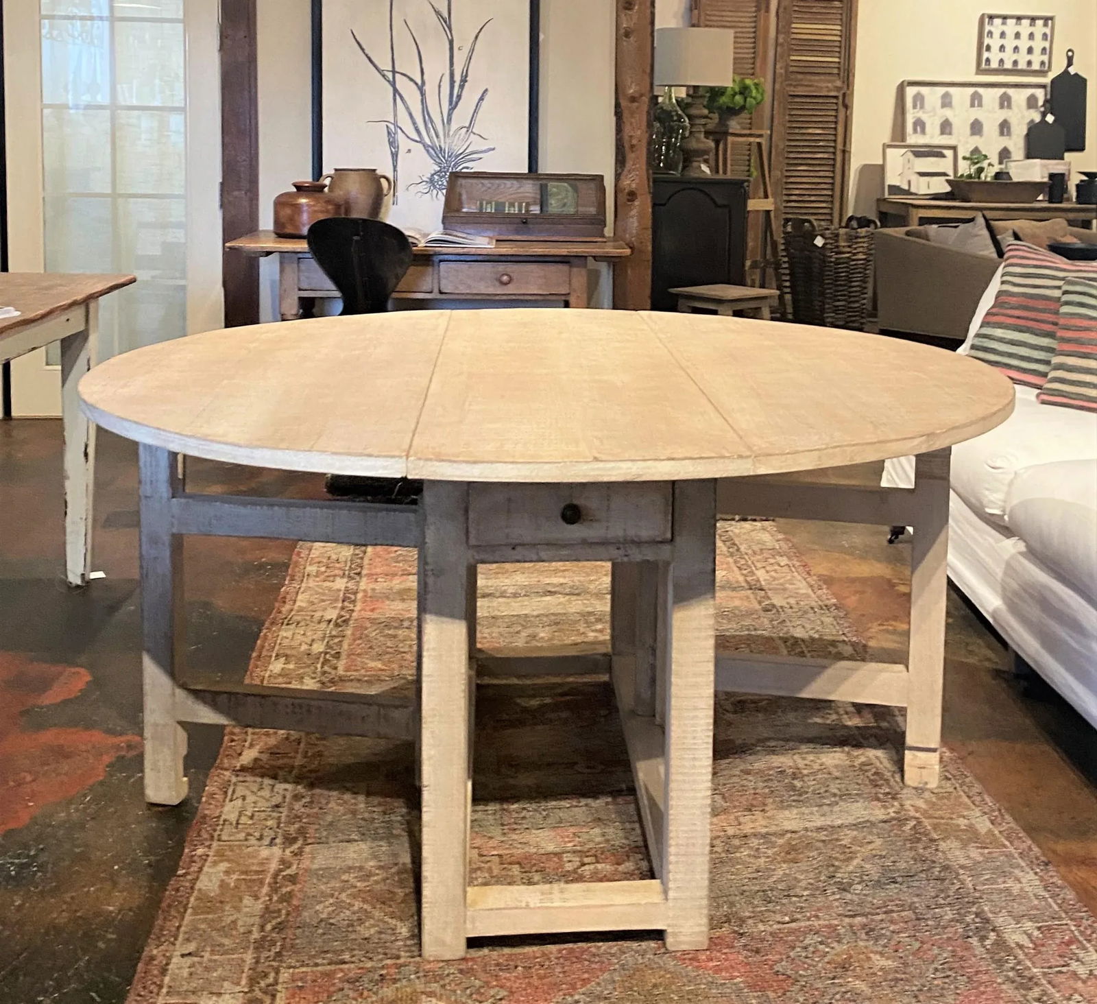 Vintage 60" Dovetail White Washed Rustic Drop Leaf Dining Table - 2