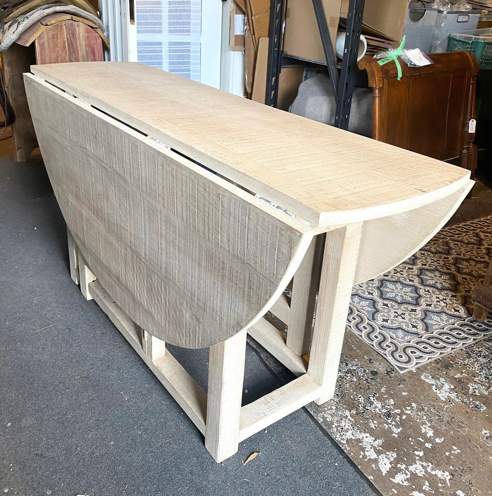 Vintage 60" Dovetail White Washed Rustic Drop Leaf Dining Table - 6