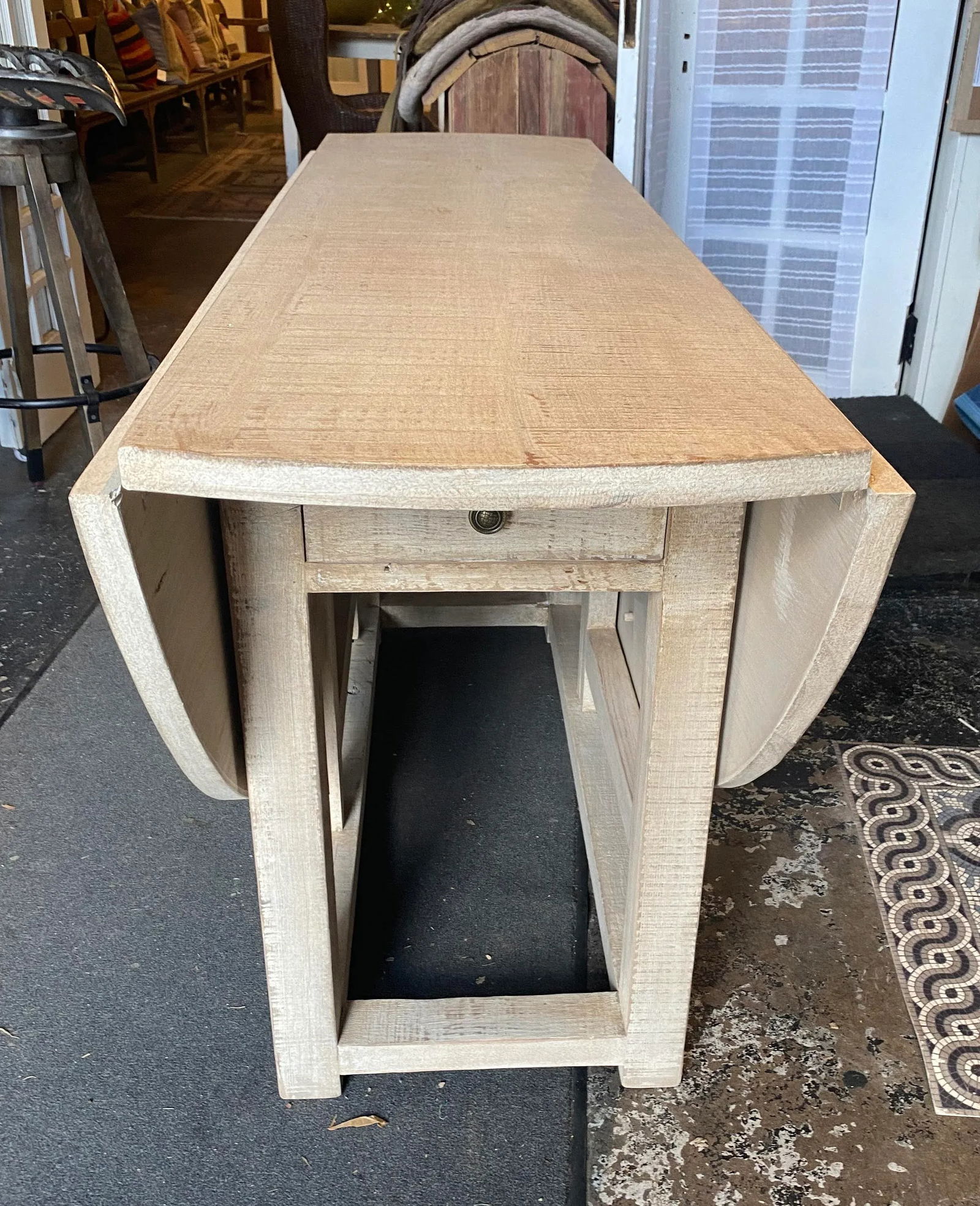 Vintage 60" Dovetail White Washed Rustic Drop Leaf Dining Table - 8