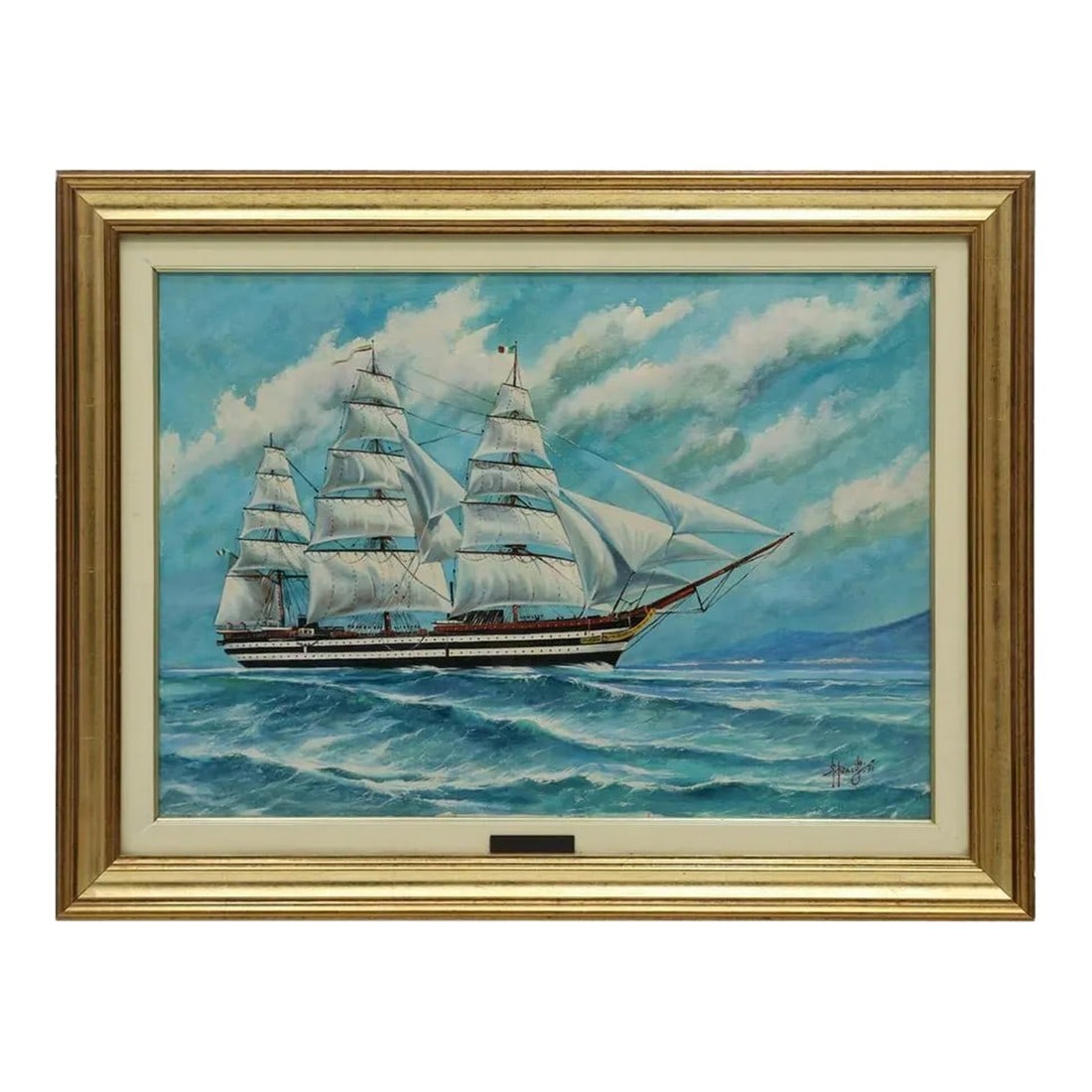 1970s "La Spezia Nave Scuola Amerigo Vespucci" Nautical Oil Painting Signed GP, Framed: La Spezia Nave Scuola Amerigo Vespucci, Framed oil on canvas painting and signed lower right G. P., dated 1971. The art work is signed again and titled verso. "La Spezia Nave Scuola Amerigo