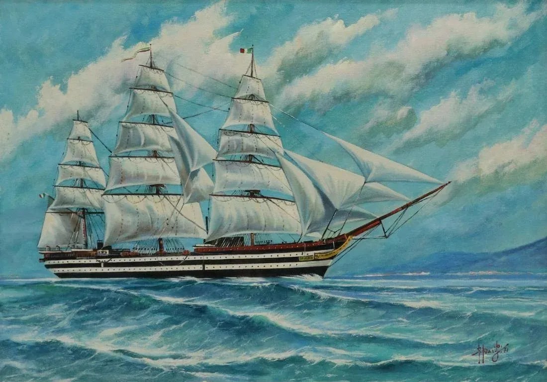 1970s "La Spezia Nave Scuola Amerigo Vespucci" Nautical Oil Painting Signed GP, Framed - 2