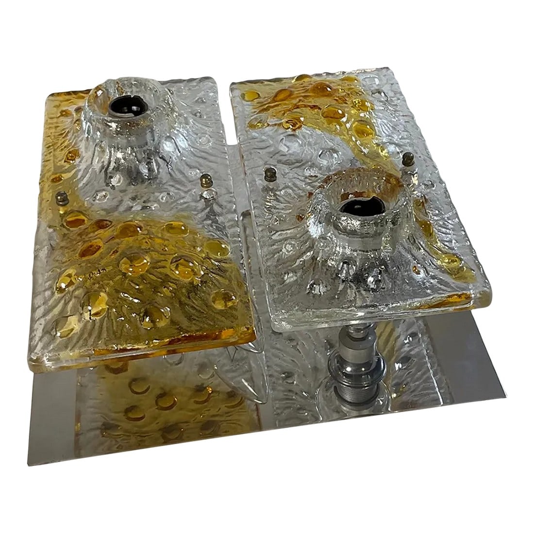 Italian Murano Glass Wall Sconce by Mazzega, Circa 1960's: Mid-Century Modern wall sconce by Mazzega with chromed metal base/reflector - Italy 1960's. High quality sculptured clear and burnt umber glass. Takes four standard bulbs, two on the top, and two on