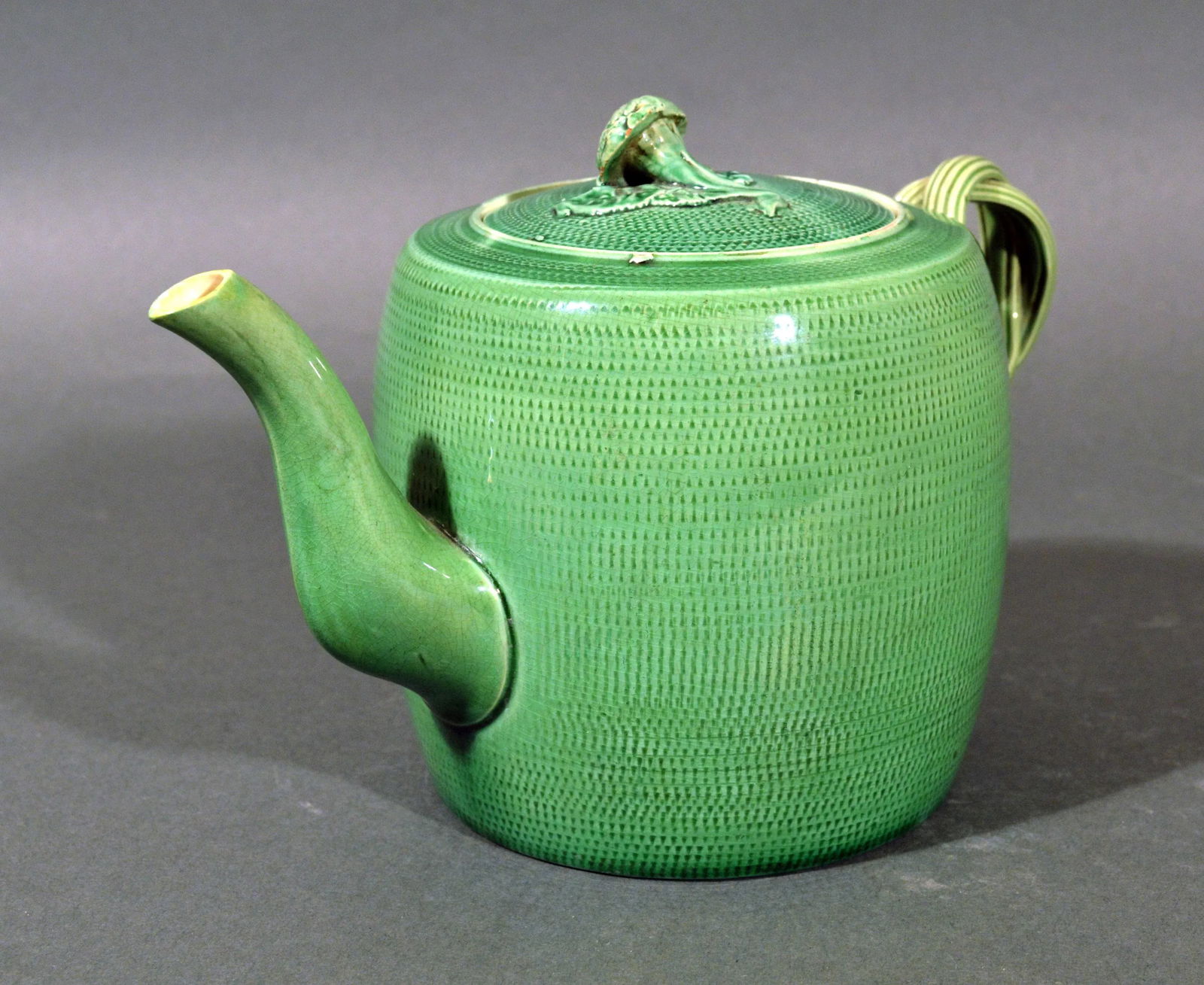 English Creamware Pottery Green Glazed Teapot & Cover, Swinton, Yorkshire - 8