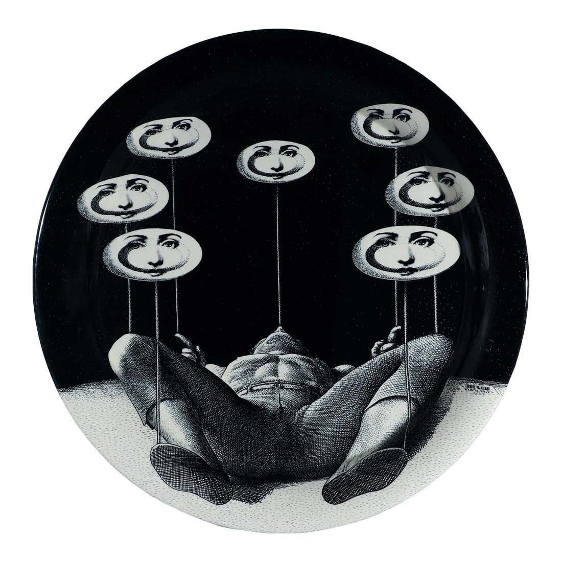 Fornasetti Tray-Juggler With Spinning Plates, Atelier Fornasetti, Dated 2017, N 16: Themes and Variations: Juggler Tray (2017) This contemporary oval tray, produced by Atelier Fornasetti and dated 2017 (N 16), features a dramatic and surreal application of the house's most iconic mot