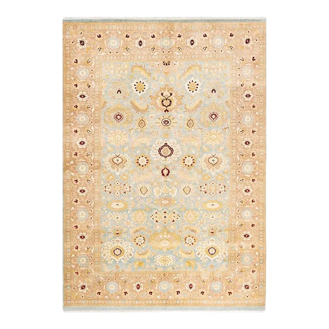 Mogul, One-of-a-Kind Hand-Knotted Area Rug in Light Blue, 6' 2" x 8' 9": With understated palettes and allover designs, the rugs in the Mogul Collection will bring timeless sophistication to any room. Influenced by a spectrum of Turkish, Indian, and Persian designs, the