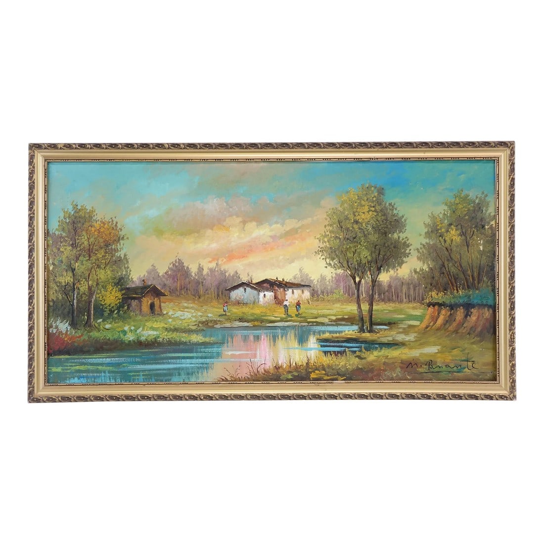 Serenity in the Village - Vintage Village Scene Original Oil Painting on Canvas, Signed: This charming village scene is an exceptional example of impressionist-style painting, with textured brushstrokes and a warm, serene atmosphere that brings this rural landscape to life. The painting