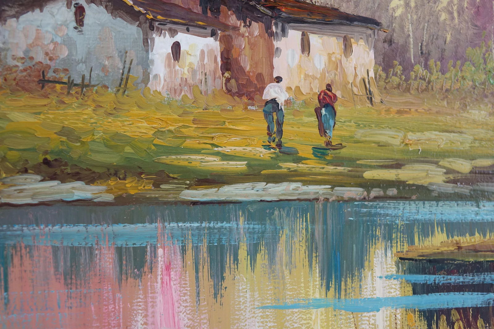 Serenity in the Village - Vintage Village Scene Original Oil Painting on Canvas, Signed - 4