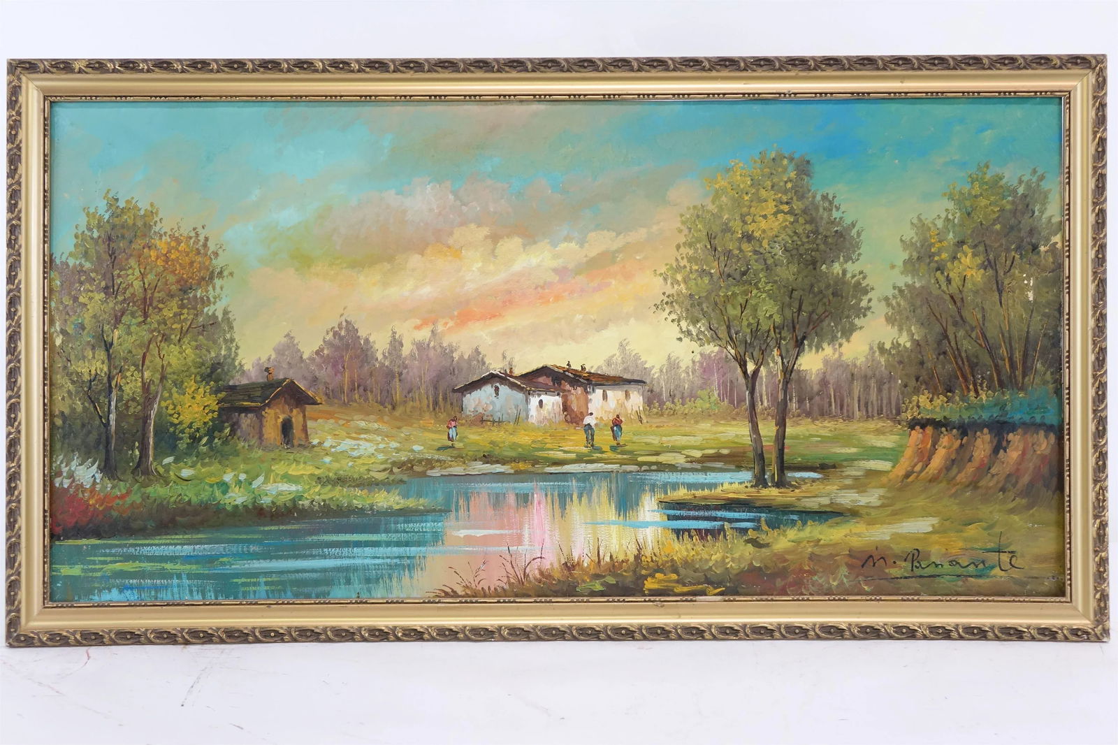 Serenity in the Village - Vintage Village Scene Original Oil Painting on Canvas, Signed - 8