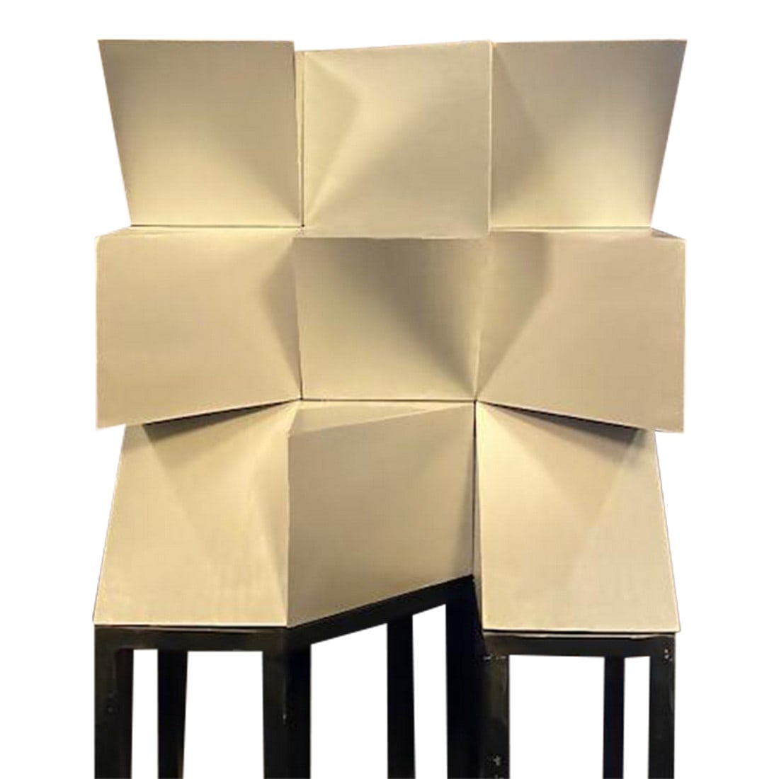 Josecho Lopez Llorens Geometric Cubic Sculpture: Geometric cubic sculpture made of silver washed wood on metal pedestal. By; Spanish artist Josecho Lopez Llorens Condition: Imperfections: No Imperfections Dimensions: Height: 50.7 in. Width: 10.6
