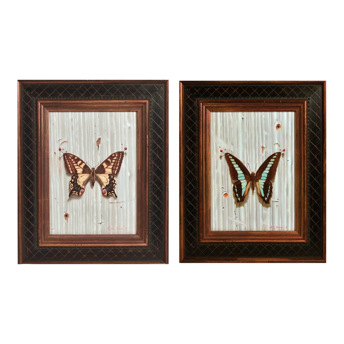 Leslie Formalik Trompe l'Oeil Paintings of Butterflies- Pair: Trompe L'oeil Paintings of Butterflies, Leslie Formalik Pair, Dated 2013 and 2019 The pair of beautiful tromp l'oeil paintings each depict a different pinned butterfly against a faux wood ground.