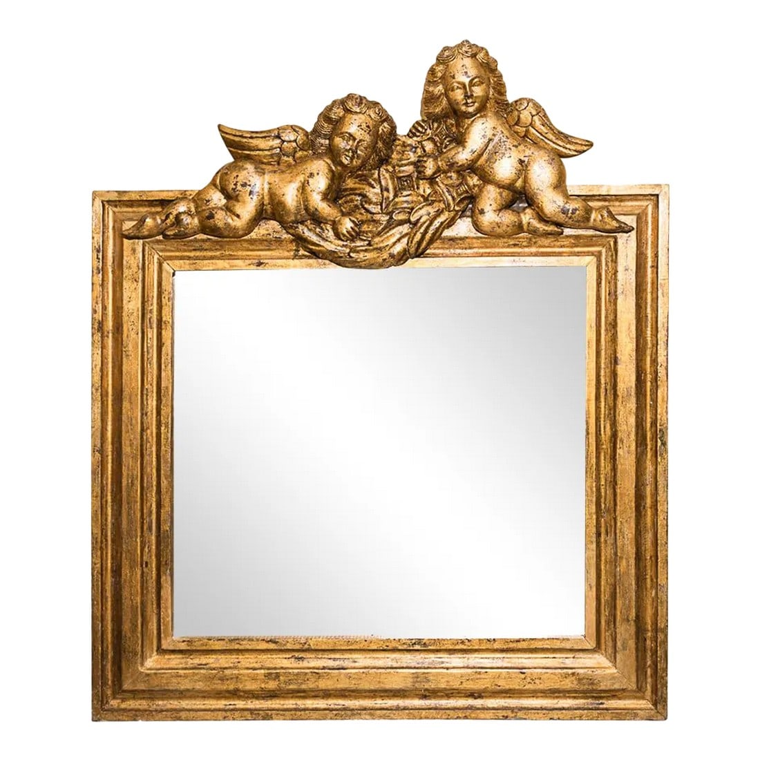 Gold Framed Mirror With Two Putti/ Angels: Large gold framed mirror with two putti./ angels with wings. Wide and bold frame. Condition: Alterations: Original Condition Unaltered Imperfections: Some Imperfections Condition Notes: Very good 