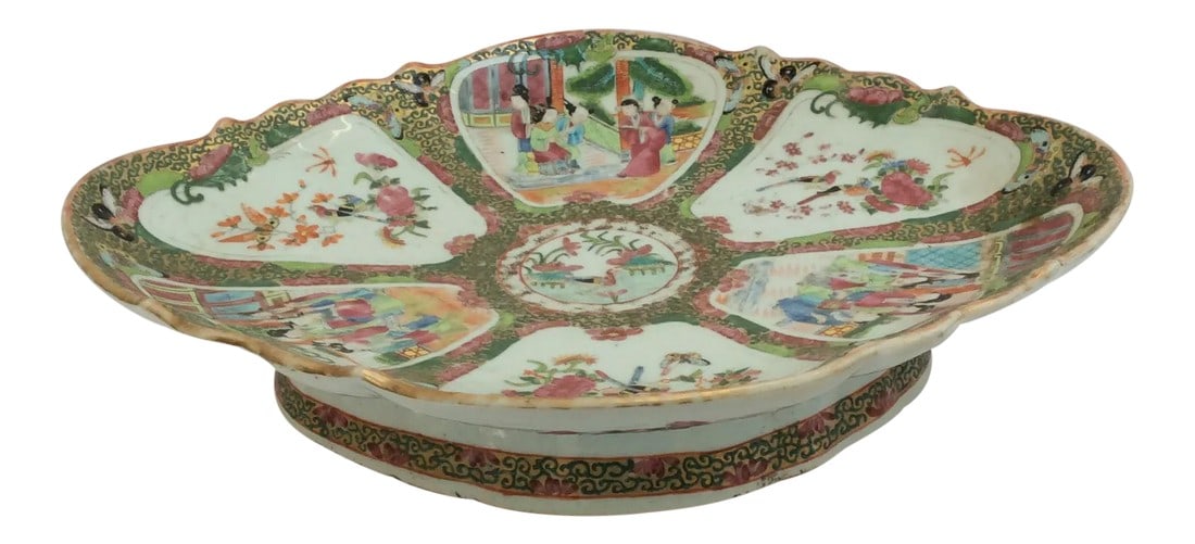 Chinese Export Famille Rose Serving Platter: Rare large Chinese export circa 1820's fine quality Chinese Canton famille rose serving dish or platter with raised base. Condition: Alterations: Original Condition Unaltered Imperfections: Some