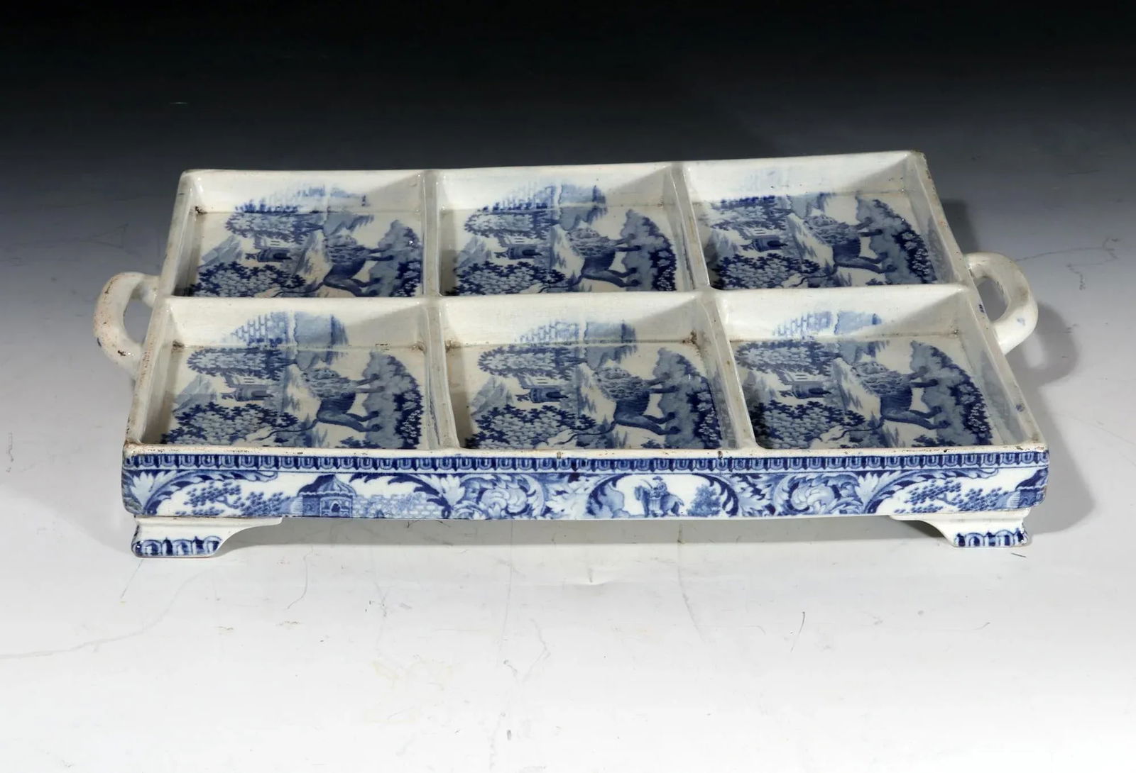 Large Pearlware Blue Printed Tray With the Angry Lion Pattern - 5