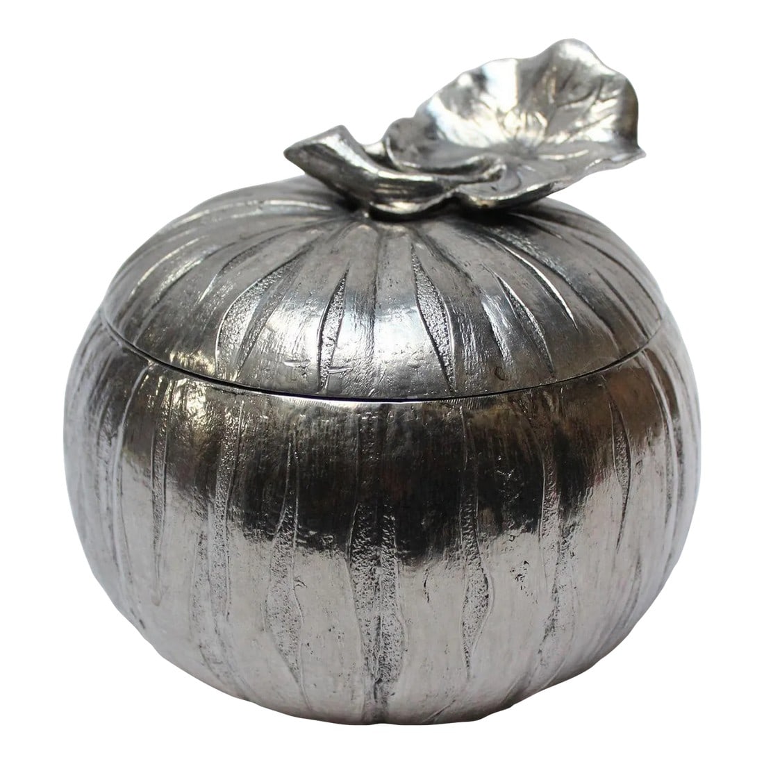 Vintage Italian Silver-Plated "Pumpkin" Ice Bucket by Mauro Manetti: Vintage "pumpkin" ice bucket designed by Mauro Manetti (ca. 1970, Italy). Crafted from silver-plated cast aluminum with an aluminum interior bucket. Features a heavily textured, sculptural petiole