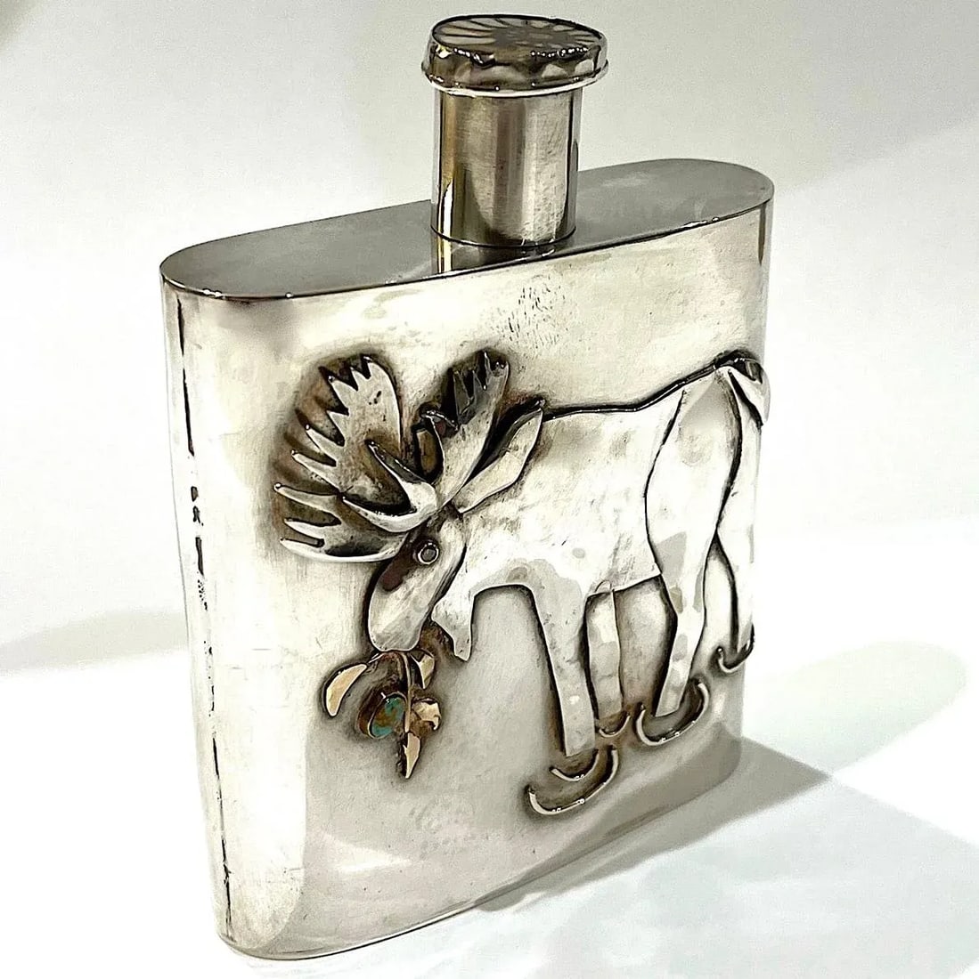 Montana Moose Hand-Forged Sterling Silver and Diamond Flask by Carol Helvey-Woolsey - 2