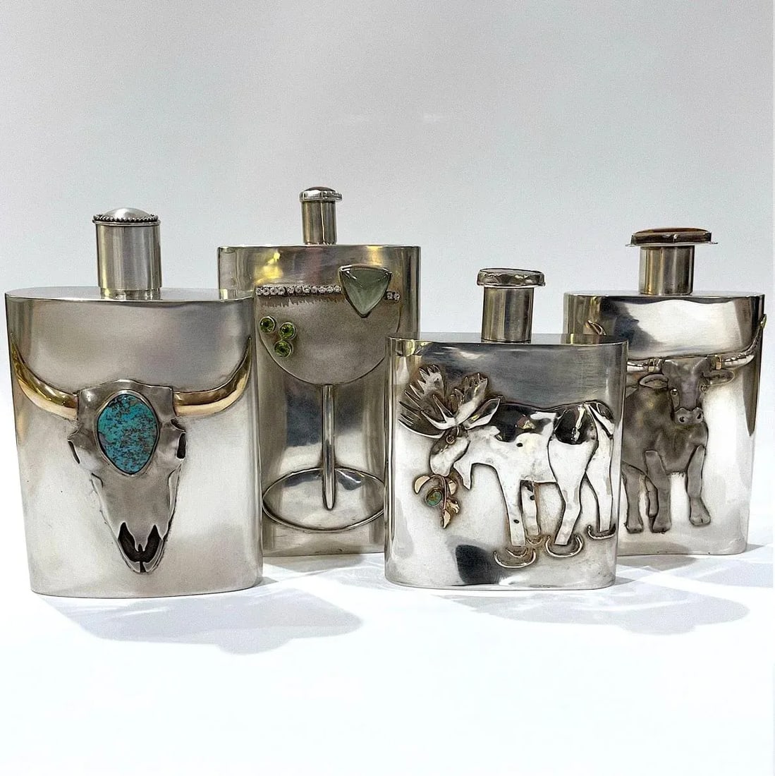 Buffalo Skull Sterling Silver and Turquoise Flask by Carol Helvey-Woolsey - 12