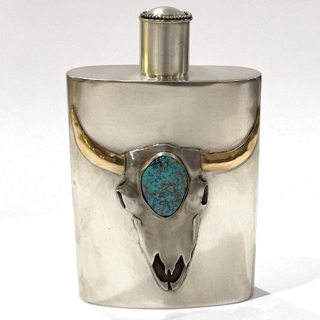Buffalo Skull Sterling Silver and Turquoise Flask by Carol Helvey-Woolsey - 13