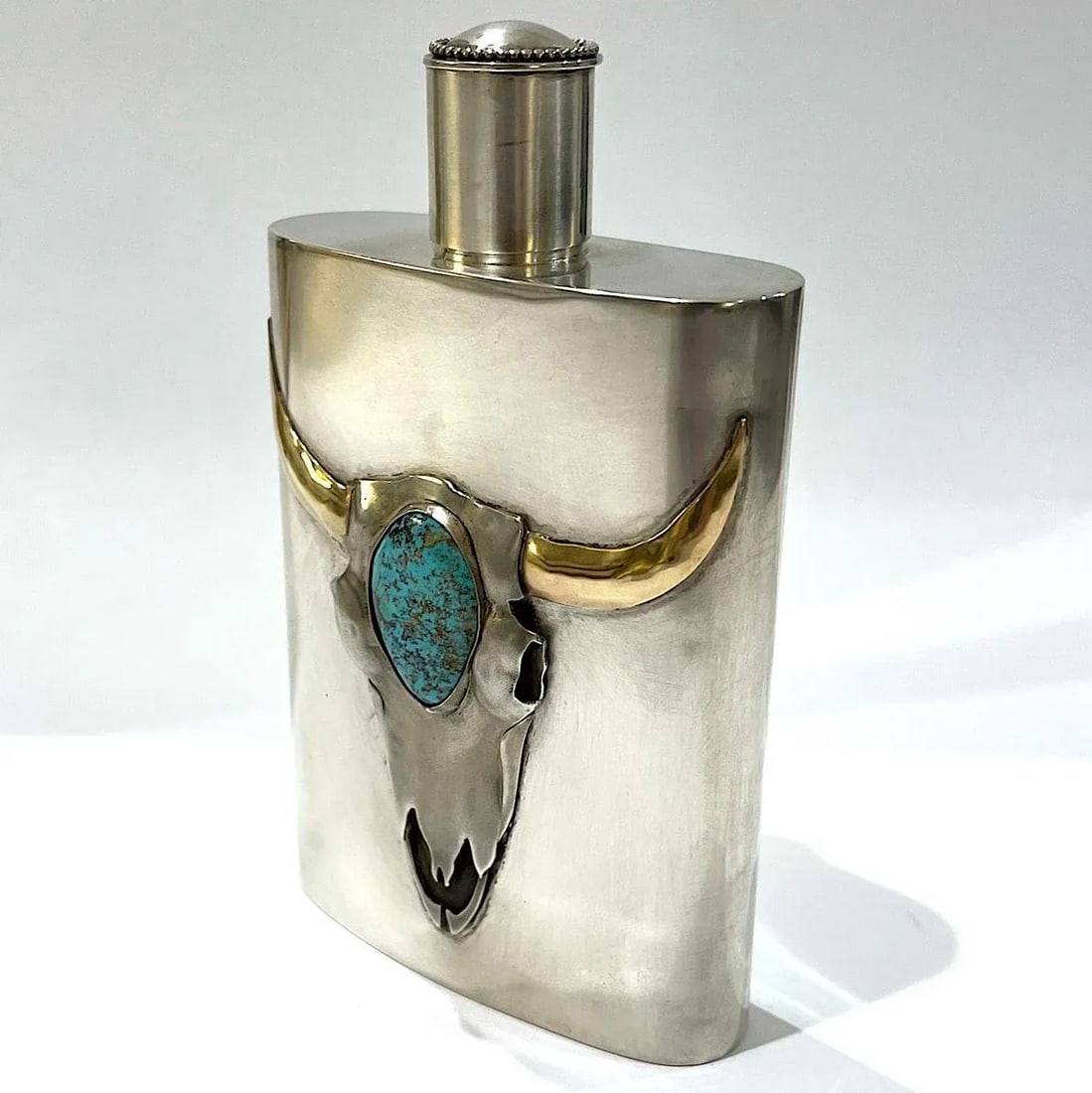 Buffalo Skull Sterling Silver and Turquoise Flask by Carol Helvey-Woolsey - 2