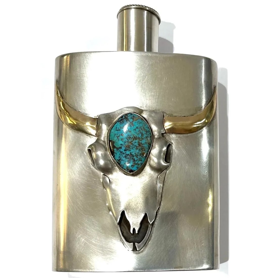 Buffalo Skull Sterling Silver and Turquoise Flask by Carol Helvey-Woolsey - 3