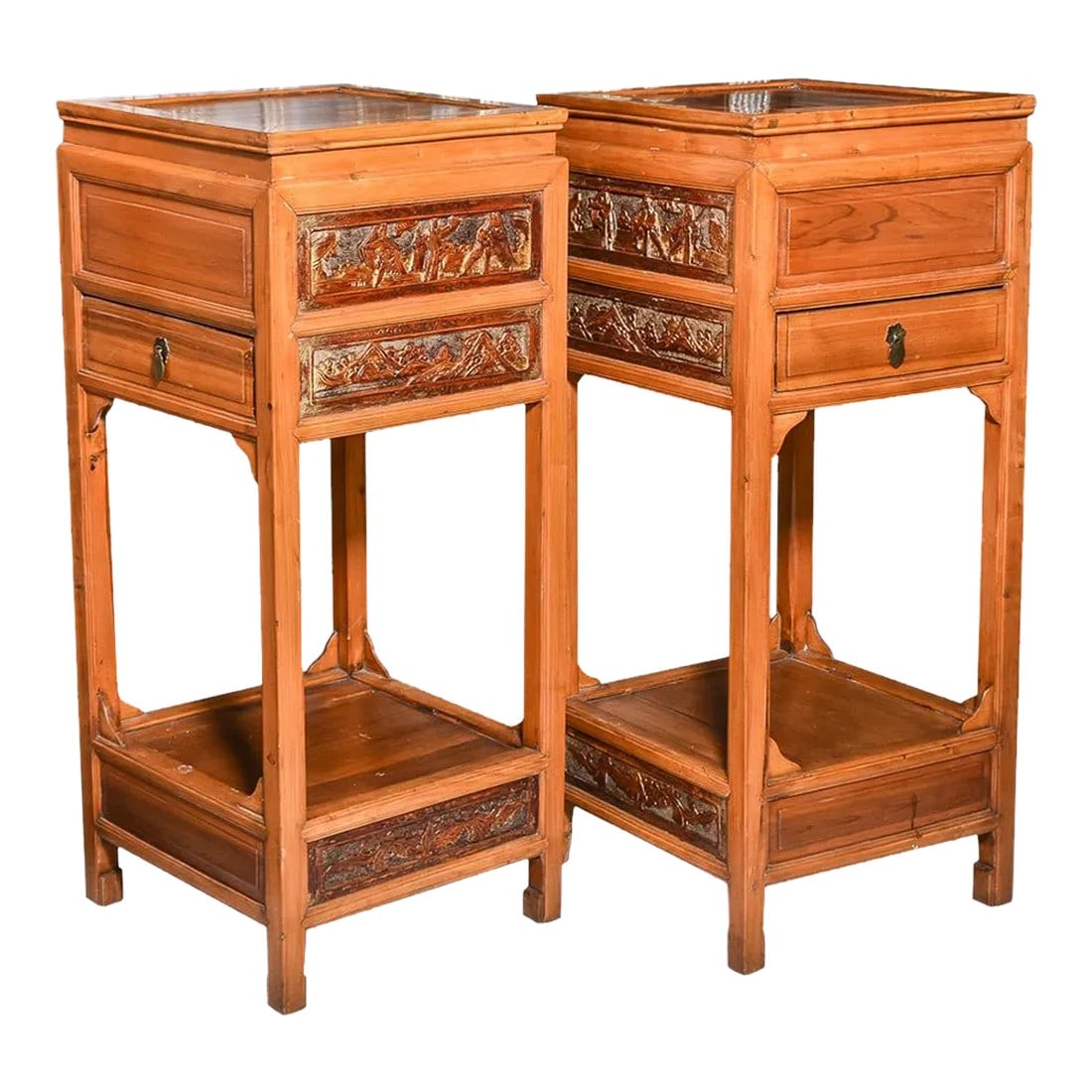 Oriental Stands a Pair: Pair of Oriental stands. One drawer on each. Carved scenic detail accents on two sides and a shelf below. Elm Condition: Alterations: Original Condition Unaltered Imperfections: Some Imperfections