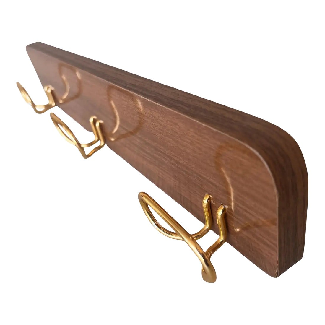 Italian, Mid-Century Modern Wood and Brass Wall Coat Hanger, 1960s: Italian Mid-Century Modern wooden structure and three brass hooks wall coat hanger. Elegant wall coat hanger, with four brass hooks with a typical midcentury and sixties design. Even the screws and th
