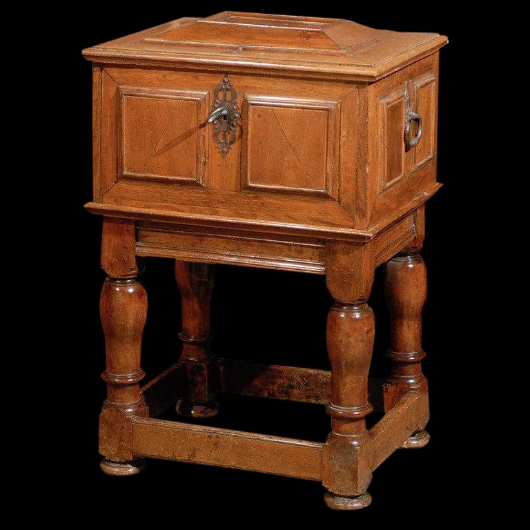Swedish Period Baroque Early 18th Century Box on Stand: This exquisite Swedish 18th century period Baroque box on stand is unique by the quality of its carved panels as well as its two hidden drawers. All its hardware is original. The stand is antique but