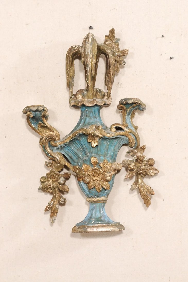 18th C. Italian Wall Mounted Urn Fragment: An Italian carved and painted wood urn fragment from the 18th century. This antique wall decoration from Italy has been carved to resemble and urn, with an exaggerated waterfall top, and floral and
