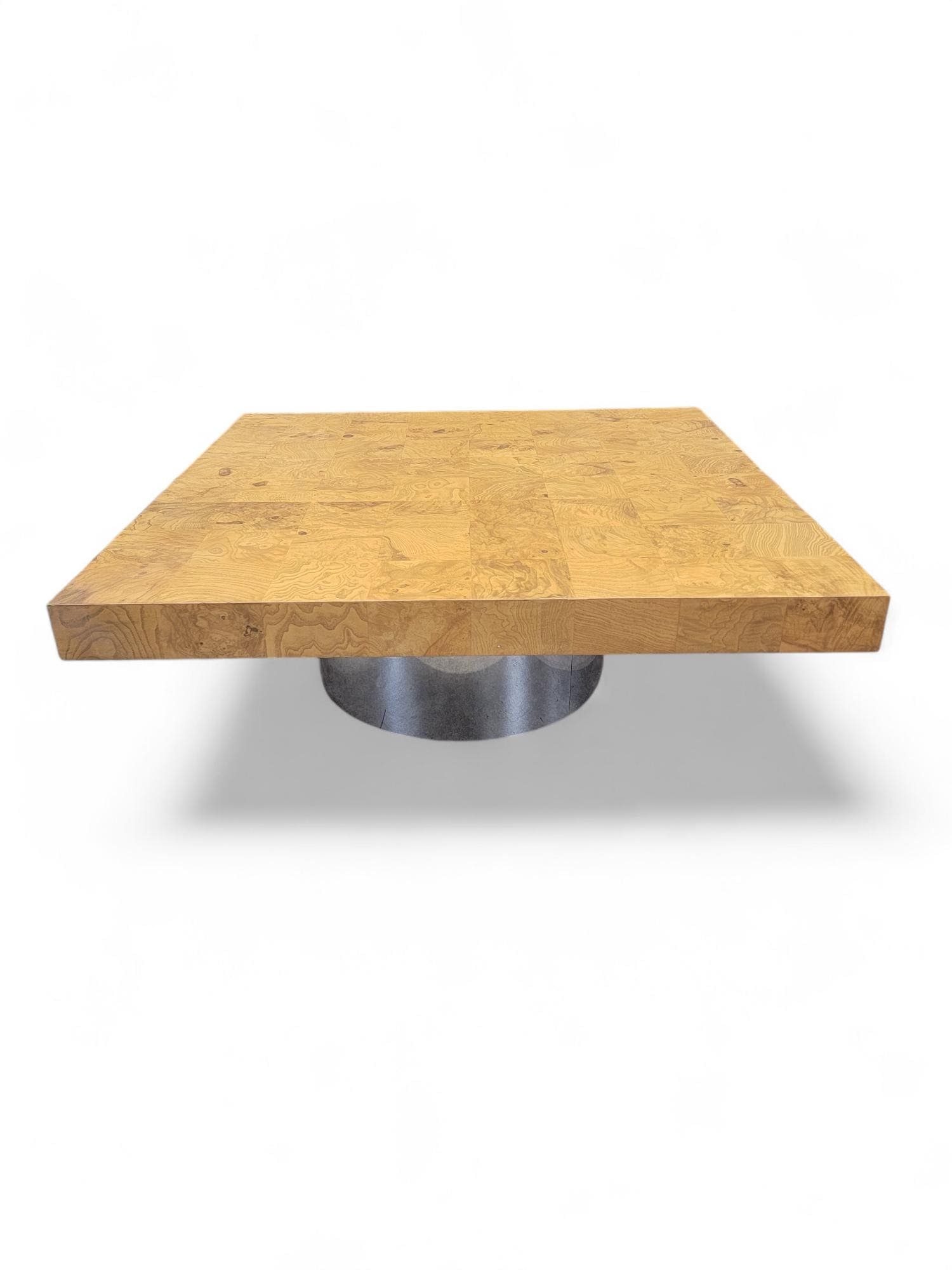 MCM Milo Baughman Style Burl Coffee Table by Pace: Title: MCM Milo Baughman Style Burl Coffee Table by Pace Description: Vintage Mid Century Modern Milo Baughman Style Burlwood Square Top and Chrome Cylinder Base Coffee Table by Pace Crafted from a ch