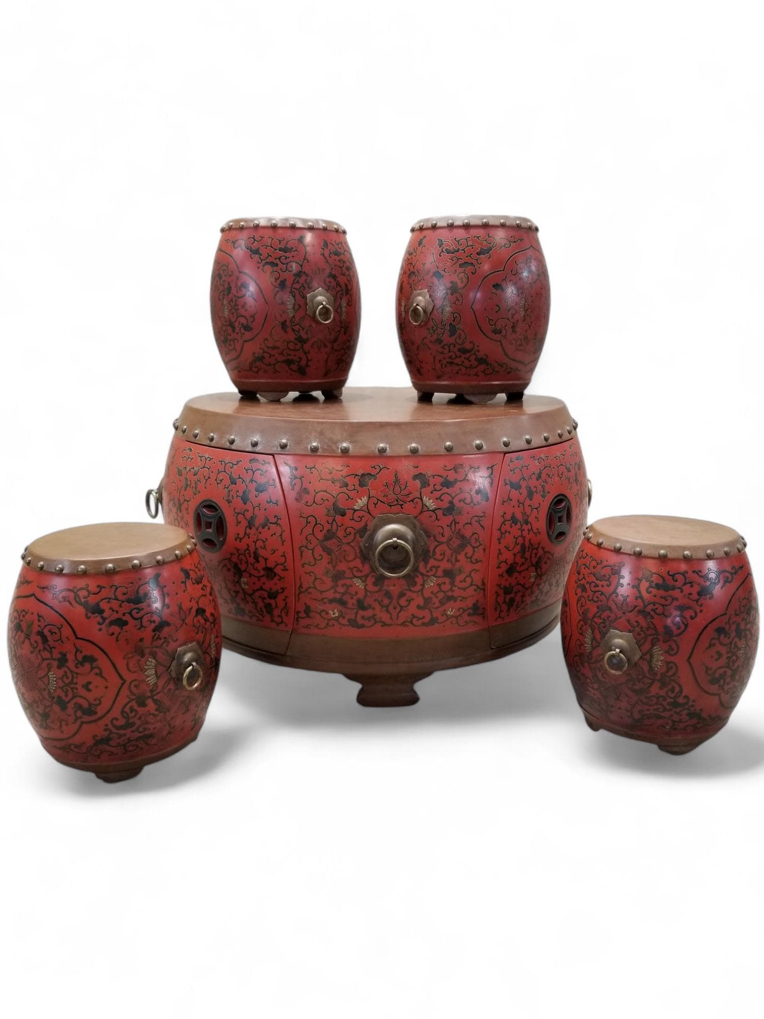 Vintage Asian Style Red Coromandel Drum Coffee/Side Table - Set of 5: Title: Vintage Asian Style Red Coromandel Drum Coffee/Side Table - Set of 5 Description: Vintage Asian Style Red Coromandel Drum Coffee/Side Table - Set of 5 This unique burnt red coffee and side tabl