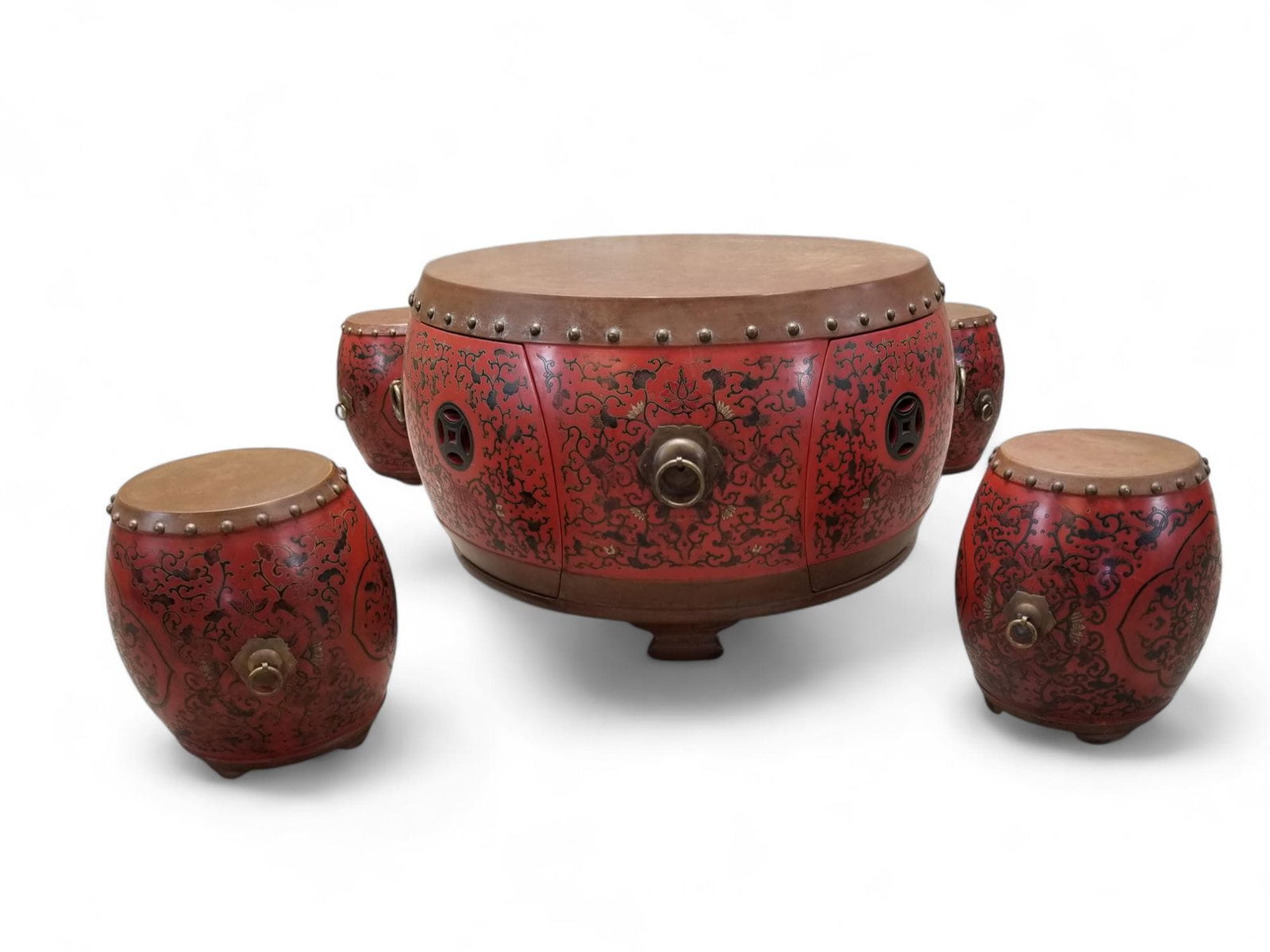 Vintage Asian Style Red Coromandel Drum Coffee/Side Table - Set of 5 - 4