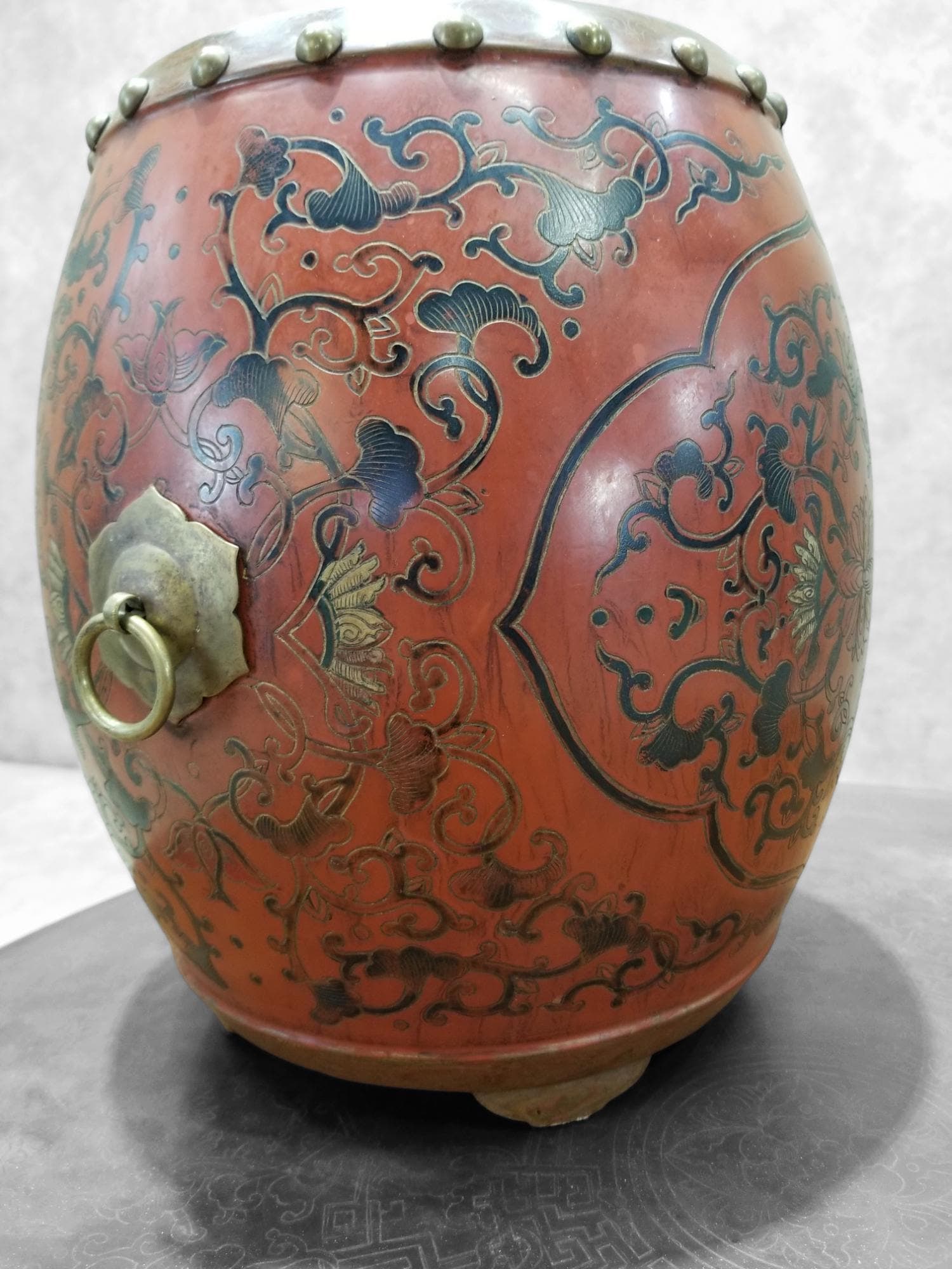 Vintage Asian Style Red Coromandel Drum Coffee/Side Table - Set of 5 - 5