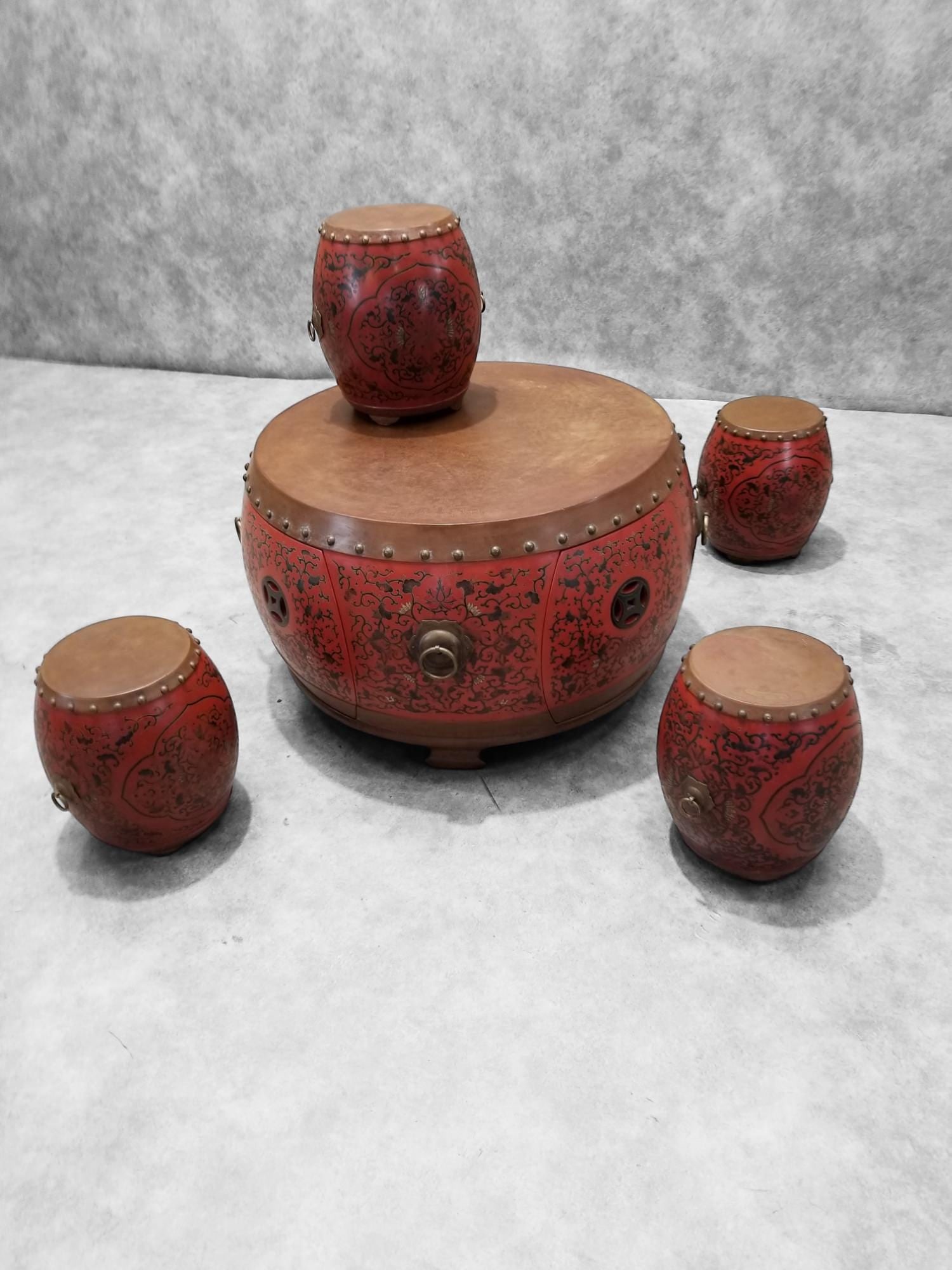 Vintage Asian Style Red Coromandel Drum Coffee/Side Table - Set of 5 - 6