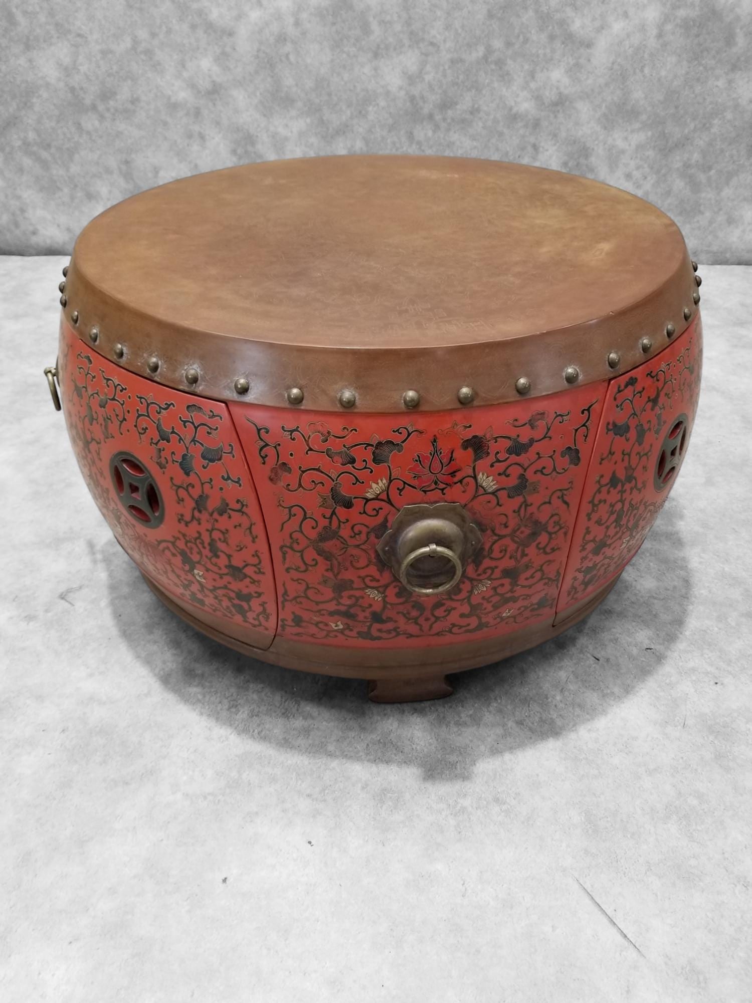 Vintage Asian Style Red Coromandel Drum Coffee/Side Table - Set of 5 - 7
