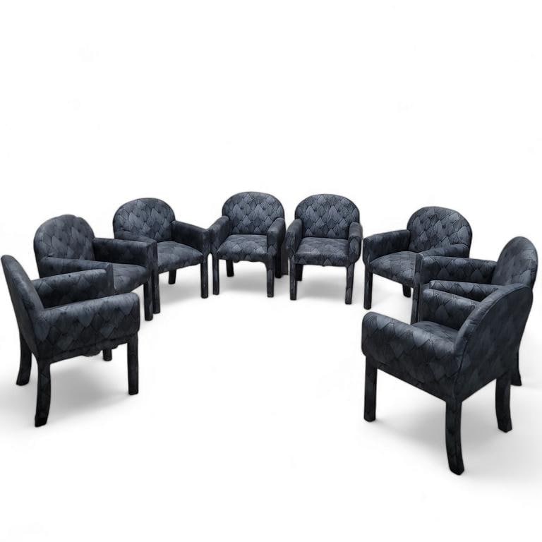 Vintage Postmodern Deco Style Dining Chairs - Set of 8: Title: Vintage Postmodern Deco Style Dining Chairs - Set of 8 Description: Vintage Postmodern Deco Style Arched Back Fully Upholstered Dining Chairs - Set of 8 Furnish your dining room with this ultra