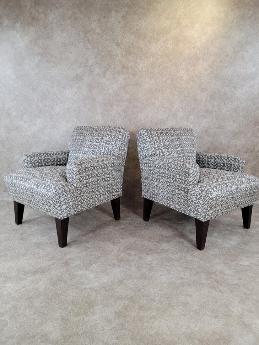 Vintage Contemporary Set of Retro Blue & Cream Print Club Chairs, Pair - 3