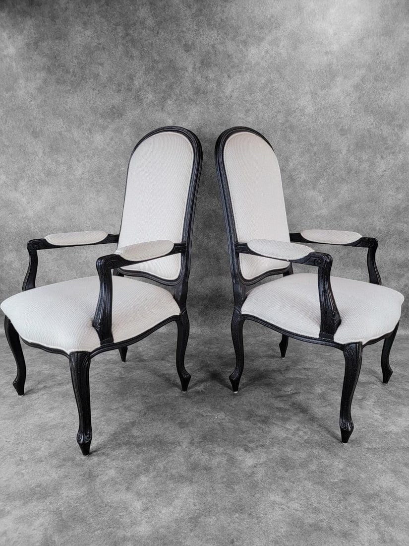 Vintage Contemporary Distressed Ebonized High Back Upholstered Armchairs - Pair - 2