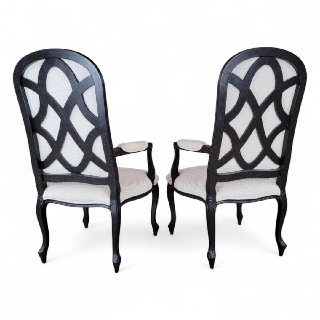 Vintage Contemporary Distressed Ebonized High Back Upholstered Armchairs - Pair - 3