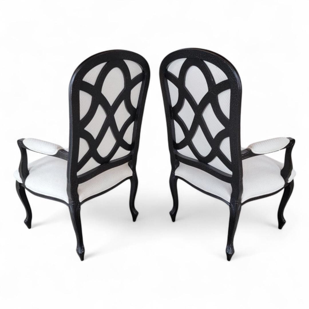 Vintage Contemporary Distressed Ebonized High Back Upholstered Armchairs - Pair - 4