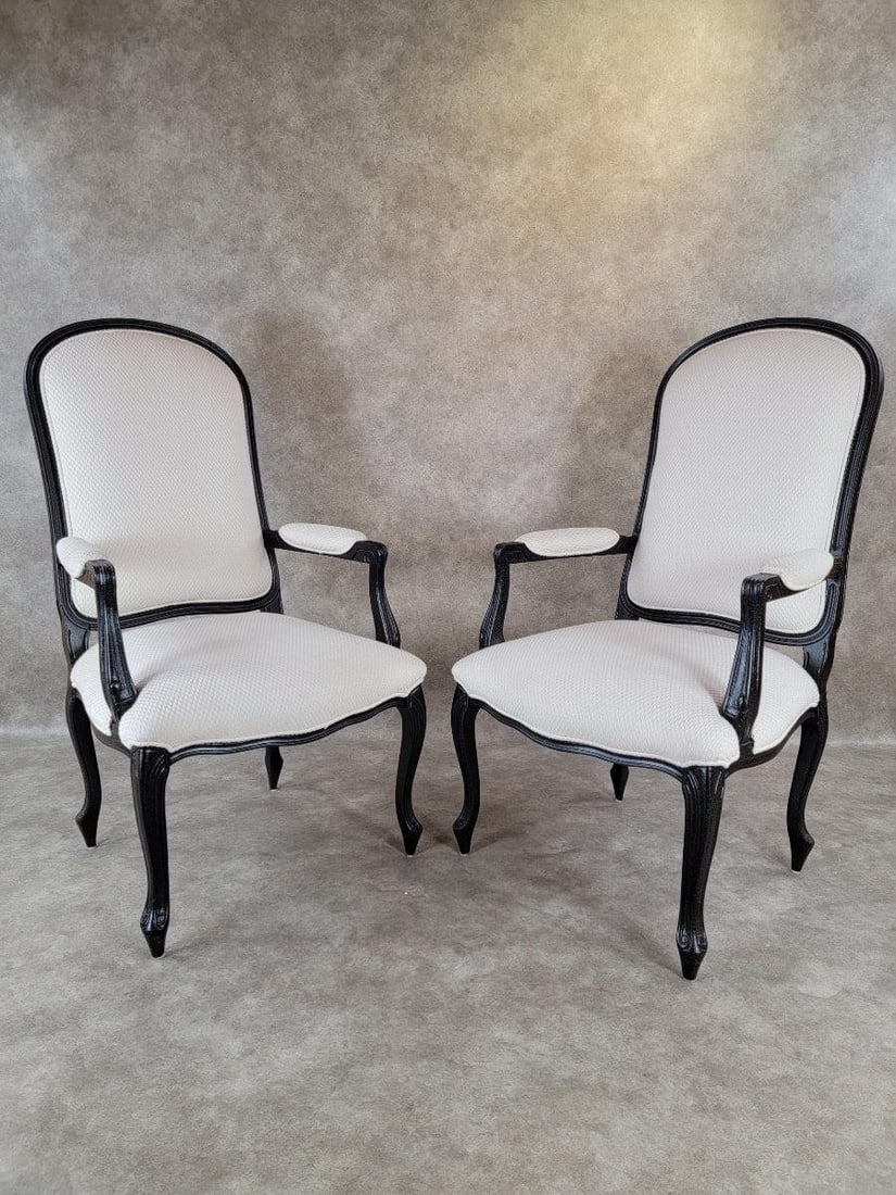 Vintage Contemporary Distressed Ebonized High Back Upholstered Armchairs - Pair - 5